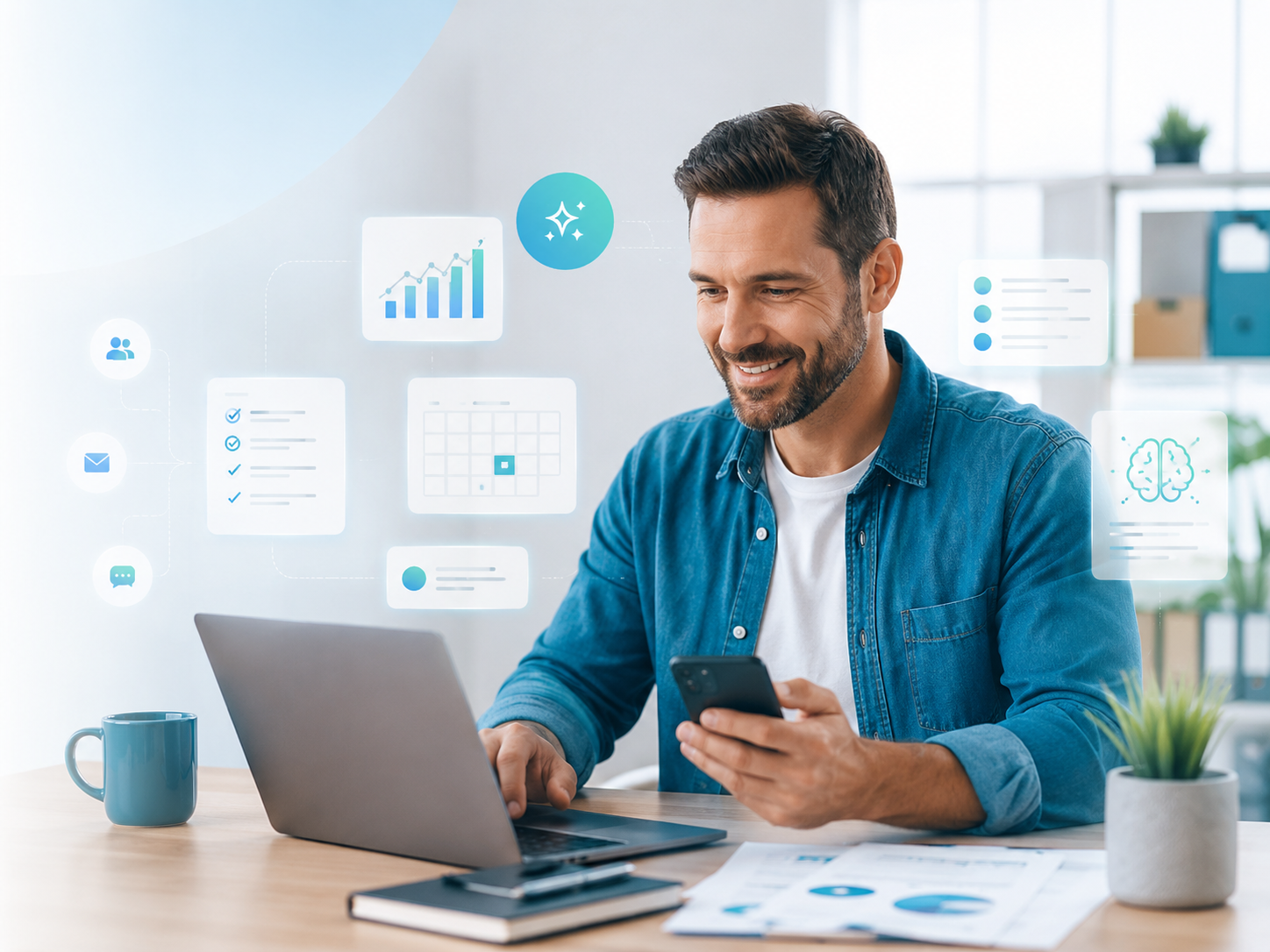 Profissional utilizando tecnologia para organizar tarefas e aplicar inteligência artificial no negócio.